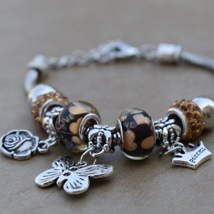 Adjustable Bracelet with cute charm Butterfly Princess Crown Rose Bead Charm